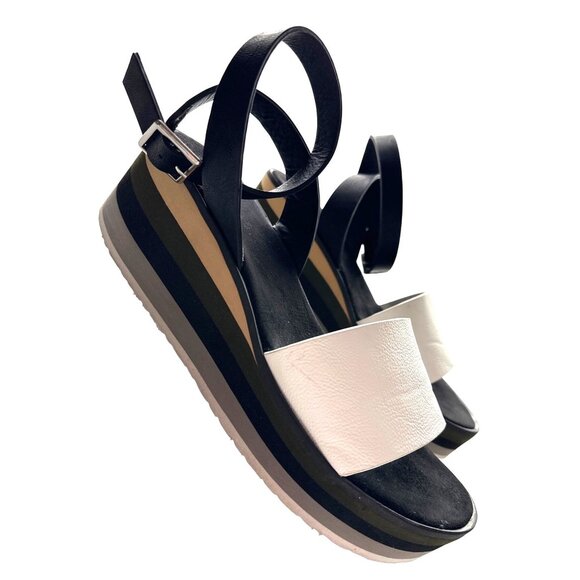 MUK LUKS Sandal Groove Time Platform Black White Green Ankle Straps Size 11 - Picture 2 of 7